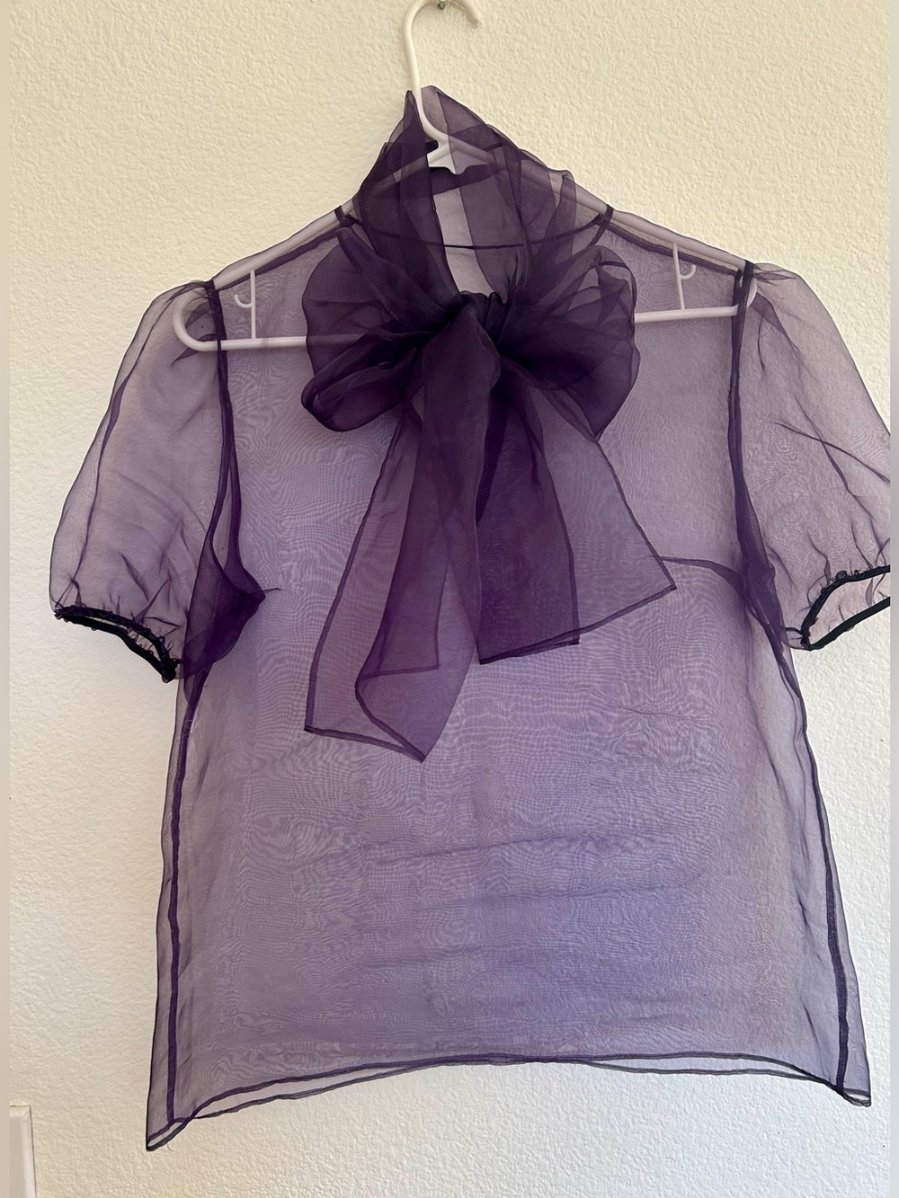 Sheer Purple Organza Bow Neck Blouse - Women